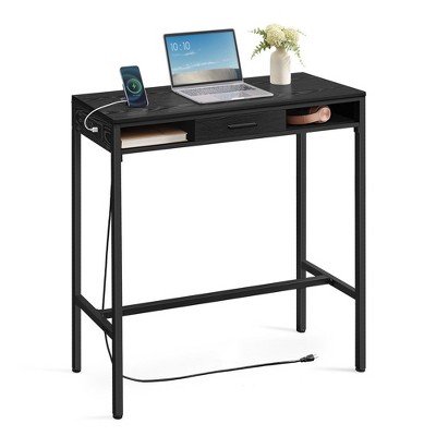 Bar Table with Power Outlet, 39.3 Inches Bar Height Pub Table, Rectangular Storage Kitchen Table with Movable Drawer, 2 Hooks, Narrow High Top Table