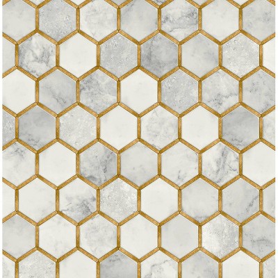 NextWall Alaska Gray and Gold Faux Inlay Hexagon Peel and Stick Wallpaper