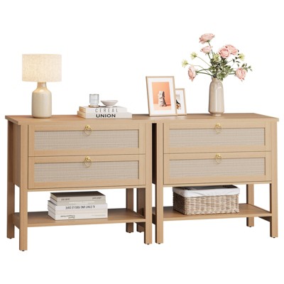 Rattan Night Stand Set of 2, Boho Nightstand with 2 Drawers and Storage Shelf, Modern Farmhouse Nightstand, Side Tables for Living Room, Bedroom
