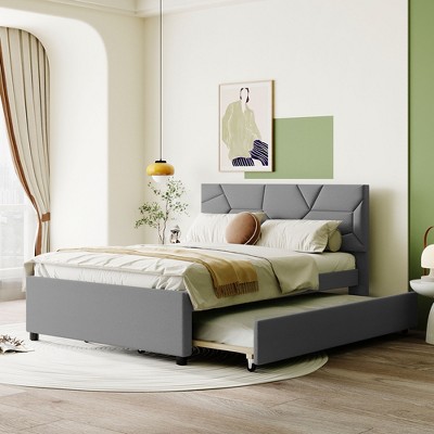 Full Size Upholstered Platform Bed with Brick Pattern Headboard and Twin Size Trundle