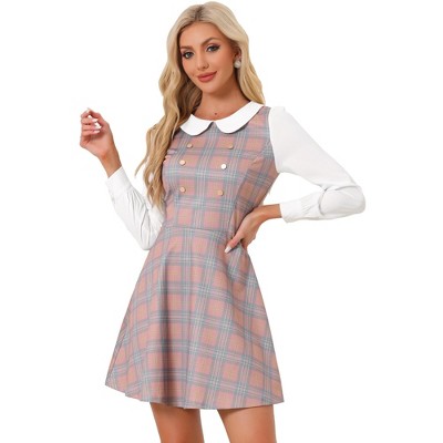 Allegra K Women's Plaid Peter Pan Collar Long Sleeve Mini A-Line Dress
