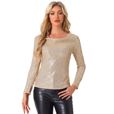 INSPIRE CHIC Women's Sequin Glitter Cowl Neck Long Sleeve Sparkle Clubwear Blouse