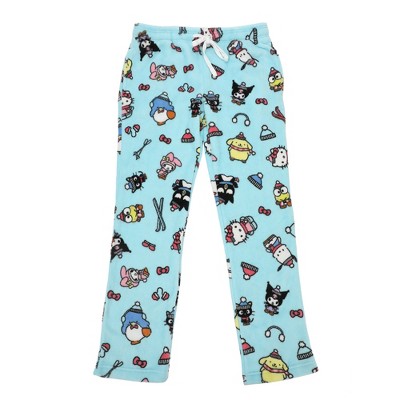 Hello Kitty & Friends Characters All-Over Print Women's Light Blue Plush Sleep Pajama Pants