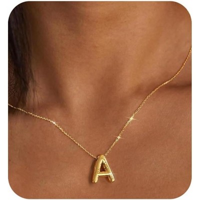 14K Gold Plated Initial Necklace for Women & Teens, Trendy Bubble Letter Pendant, Dainty Gold Jewelry Gift for Her, Birthday Present for Sister