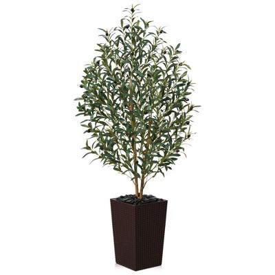 DR.Planzen 72" Artificial Olive Tree with Dual Real Wood Trunks - 6FT UV Resistant Fake Plant with 20 Branches in Tall Planter for Home Decor