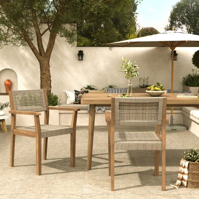 Outdoor Acacia Wood Dining Chairs Set of 2,Wicker Accent Patio Chairs,Weather Resistant Chair Set for Garden or Balcony-Coolbibila