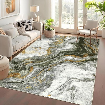 Washable Marble Area Rug - Soft Low Pile Non-Slip Indoor Carpet for Living Room, Bedroom & Dining Room - Contemporary Foldable Accent Rug