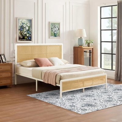 Rattan Boho Platform Bed Frame with Light Headboard with Sturdy Steel Slat Support, Heavy-Duty Steel, No Box Spring Needed