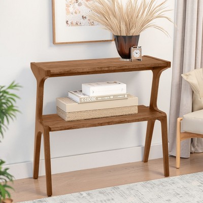 MAYEERTY Solid Wood End Table, 2-Tier Sofa Side Table with Storage Shelf