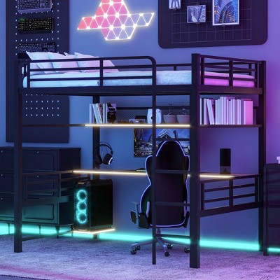 Full Size Metal Loft Bed with Storage Shelf and LED Light