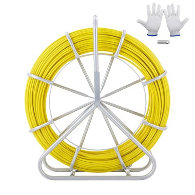 VEVOR Fish Tape Fiberglass, 492 ft, 5/16 in, Duct Rodder Fishtape Wire Puller, Cable Running Rod with Steel Reel Stand, 3 Pulling Heads, Fishing Tools