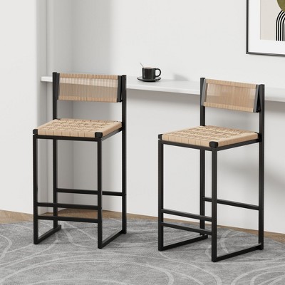Sapphtopaz Modern Bar Stools Set of 2 Paper Rope Weave Counter Height Bar Stools with Footrest Dining Chairs for Kitchen Island, Dining Room