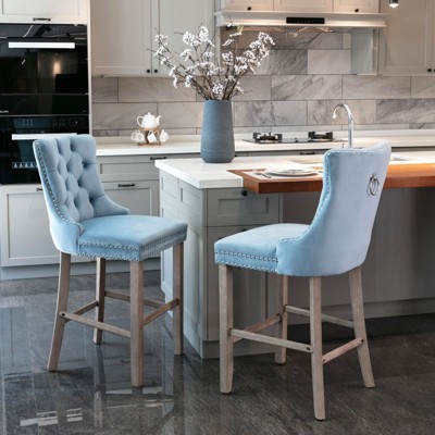 Kumasinova 26"H Contemporary Bar Stools with Botton Tufted High Back,Set of 2,Luxury Velvet Upholstered Barstools Rubberwood Dining Chairs