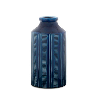 HomeRoots 11" Blue Ribbed Round Terracotta Table Vase