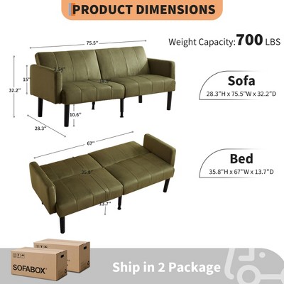 75.5” Convertible Futon Sofa Bed, Linen Flannel Small Couch Sofa with Wood Legs & 700lbs Capacity, Adjustable Folding Loveseat, Mid Century Modern