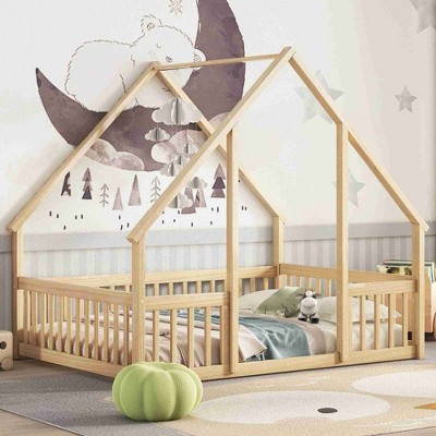 CAVINAS Full Size Wood House-Shaped Montessori Bed,Modern Floor Bed with Safety Guardrails,Toddler Bed for Bedroom