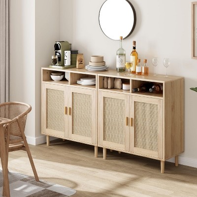 36" Modern Rattan Sideboard Cabinet - 2-Door Storage Buffet with Shelf, Boho TV Stand & Coffee Bar