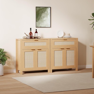 Rattan Sideboard Buffet Cabinet with Storage, Boho Credenza Cabinet with Drawer and Doors, Adjustable Shelves Accent Cabinets