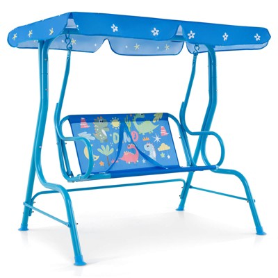 Costway 2-Seater Toddler Porch Swing Chair with Metal Stand Adjustable Canopy Safety Belts Blue/Pink/Yellow