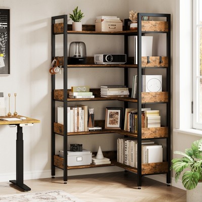 5-Tier Corner Bookshelf, Convertible Bookcase, Industrial Metal Frame Storage Book Shelf with Open Shelves for Living Room Bedroom Home Office