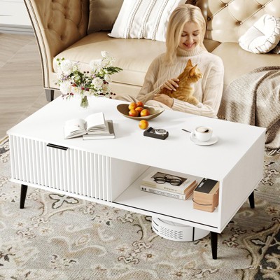 41.34''D Coffee Table, 2-Tiers Farmhouse Coffee Tables With Storage and Sliding Wave Pattern Door, Modren Wooden Tea Table