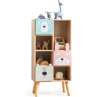 Costway Kids Bookcase Toy Storage Organizer Children Storage Cabinet with 3 Slide Drawers 4 Cubes Wooden Bookshelf for Toddlers Classroom