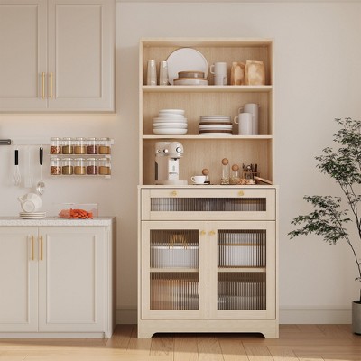 62" Kitchen Pantry Cabinet with Drawer, 6 Tier Kitchen Hutch with Double Glass Doors and Adjustable Shelves, Coffee Bar Cabinet for Dining Room