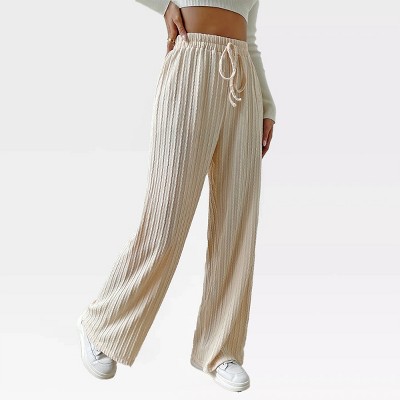Womens Wide Leg Stretchy Straight Pants Ribbed Textured Slacks Trousers Pull On Lounge Pants Waist Drawstring Yoga Pants