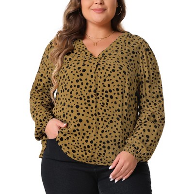Agnes Orinda Women's Plus Size V Neck Long Sleeve Polka Dot Blouses