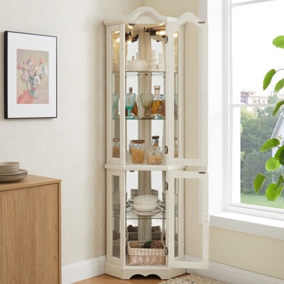 FONTOI Corner Curio Cabinet with Tempered Glass Doors&Shelves, Elegant Display Storage for Living Room,Bedroom, White, 15.94"*70.28"*21.65"