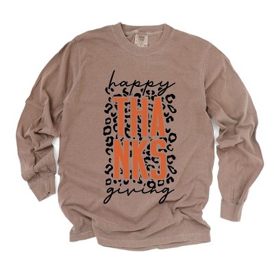 Simply Sage Market Women's Happy Thanksiving Orange Leopard Long Sleeve Garment Dyed Tee