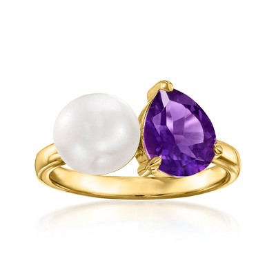 Ross-Simons 7-7.5mm Cultured Pearl and 1.80 Carat Amethyst Toi Et Moi Ring in 18kt Gold Over Sterling