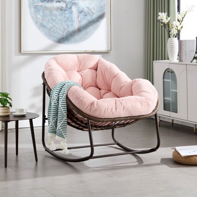 DSVIMOY Outdoor Rattan Rocking Chair, Padded Cushion Rocker Recliner Chair Outdoor for Front Porch, Living Room, Pink, 43.7"*37.2"*31.5"