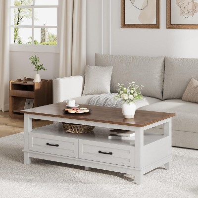 Acekool Farmhouse Coffee Table, 2 Drawers & Open Shelf, 47.24" Rectangular Center Table, Stable 6-Leg Structure