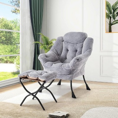 Comfy Lazy Chair with Ottoman, Lounge Accent Chair with Folding Footrest and Side Pocket, Large Armchair, Supports 400 lbs