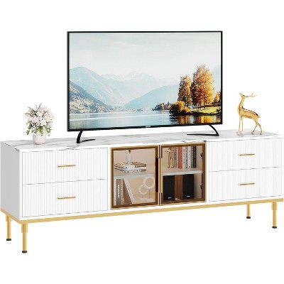 65 Inch TV Stand with LED Lights, Modern Entertainment Center with 4 Drawers & Shelves & Glass Doors, TV Console Table for 55/65/75 Inch TV, White