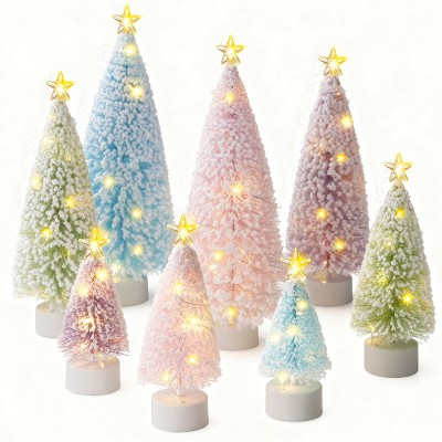Joyfy 8Pack Mini Christmas Tree with LED Lights, bottle brush Christmas Tree ,4 Sizes Tabletop Ornaments for Home Warm White