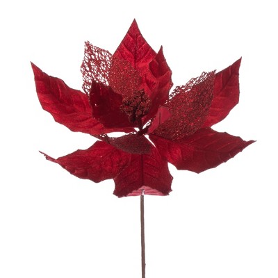 Vickerman 11" Velvet and Glitter Mesh Poinsettia Flower on Steem