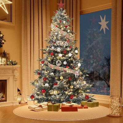 Lighted Aspen Fir Christmas Tree,Flocked Green Artificial Christmas Tree for Indoor,Outdoor, Holiday Décor, Metal Hinges, Foldable Base