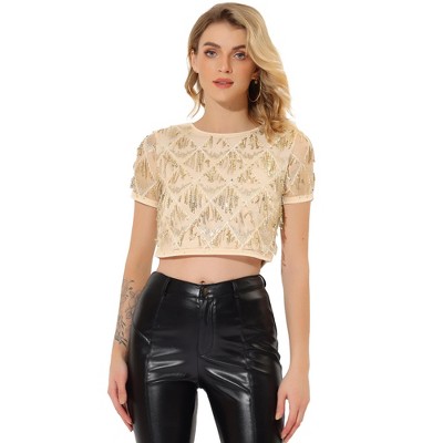 Allegra K Women's Christmas Sequin Shiny Glitter Crop Sheer Short Sleeves Tassel T-Shirt