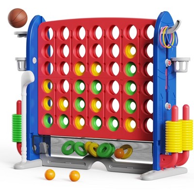 SUGIFT Giant 4 in-A-Row Connect Game Set with Carry Bag, Adjustable Height Jumbo Yard Game with Basketball Hoop, Golf, Mesh Pocket & Ring Toss