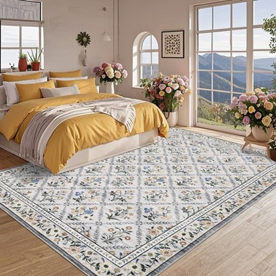 Modern Washable Area Rug, Floral Foldable Area Rug with Non Slip Backing, Low Pile Stain Resistant Soft Carpet for Bedroom Dining Room