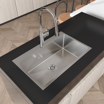 Stainless Steel Kitchen Sink, 30¡åx19¡å Single Bowl, Overmount Handmade Sink in Brushed Nickel, with US Standard Drain and Hook, LS-SSBR04