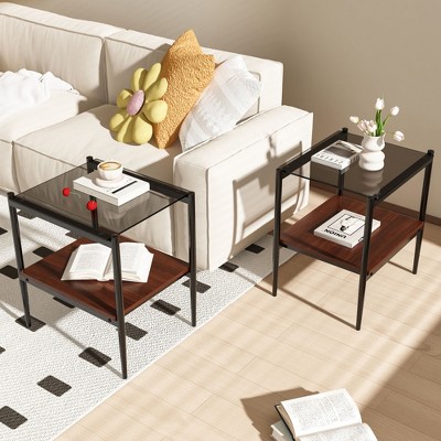 NicBex End Tables Living Room Set of 2, Tempered Glass Tabletop with MDF Layer, Modern Table for Living Room, Transparent Glass, Black