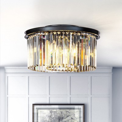 ALOADECOR 9-Lights Modern 20" Matte Black 2-Tier Round Fringe Crystal Flush Mount
