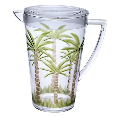 Gulches 2.75 Quarts Palm Tree Design Unbreakable Plastic Water Pitcher with Lid - BPA Free, Ideal for Drinks & Juices, with Spout