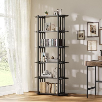6-Tier Industrial Bookshelf, Rustic Wood Bookcase with Metal Frame, Open Storage Display Rack for Living Room Office Bedroom
