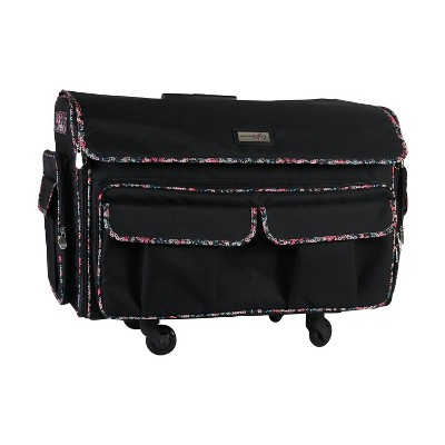 Everything Mary XXL 4 Wheel Collapsible Rolling Sewing Machine Storage Case, Black Floral