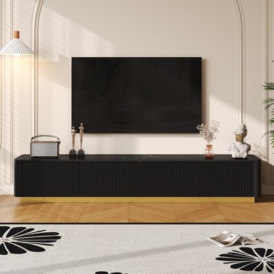 ModernLuxe TV Stand for TVs up to 85", Luxury Fluted TV Console Media Console with 4 Drawers, Faux Marble Tabletop & Curved Profile Design, White/Blac