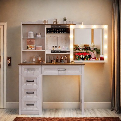 GlasFlength Vanity Tables Modern Makeup Table with Sleek Storage for Bedroom or Dressing Area, White,38.2”*15.75”*53.5"